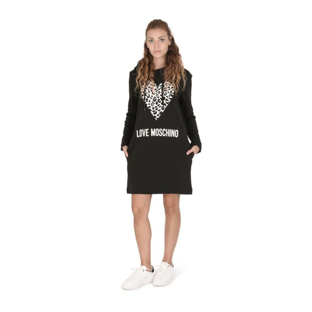Love Moschino Leopard Heart Hoodie Dress Long Sleeve Women Black Apparel